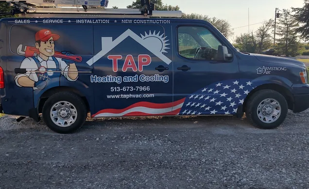 A wrapped TAP Heating and Cooling service van on a job in southwest Ohio