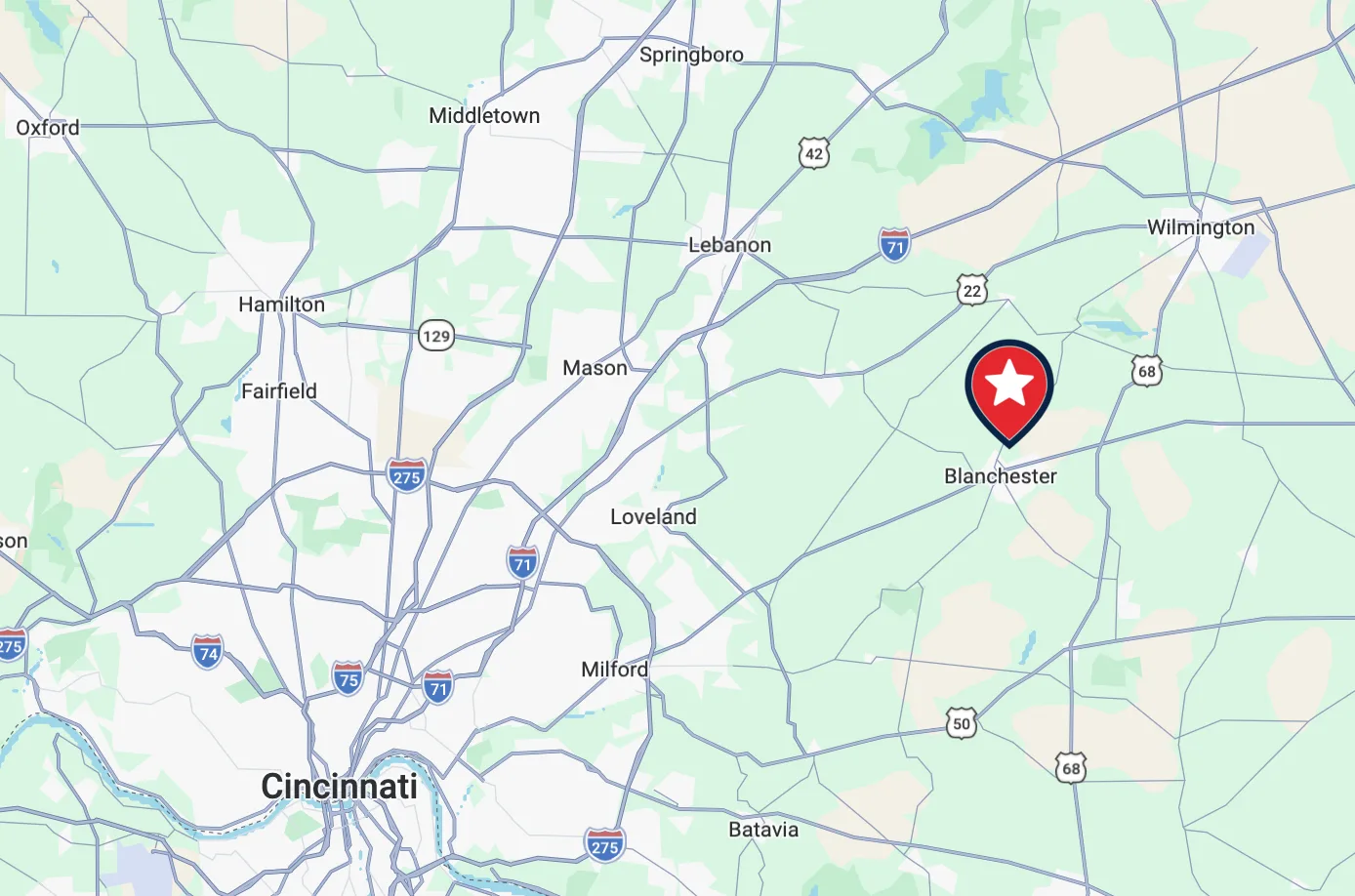 Map of TAP Heating and Cooling's service area centered on Blanchester, Ohio